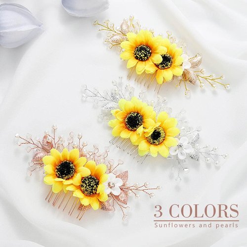 Jeairts Sunflower Bride Wedding Hair Comb Crystal Pearl Bridal Hair Pieces Leaf Side Combs Hair Dress Decorative Hair Accessories for Women and Girls (1-Silver)