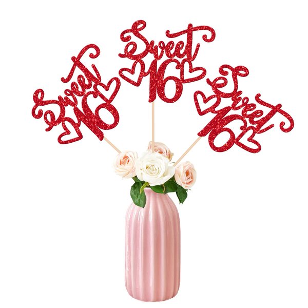 12 PCS Sweet 16 Centerpiece Sticks Double Sided Glitter Happy 16th Birthday Cake Toppers Number 16 Centerpieces for Tables Flower Topper Decorations 16th Birthday Party Centerpiece Supplies Red