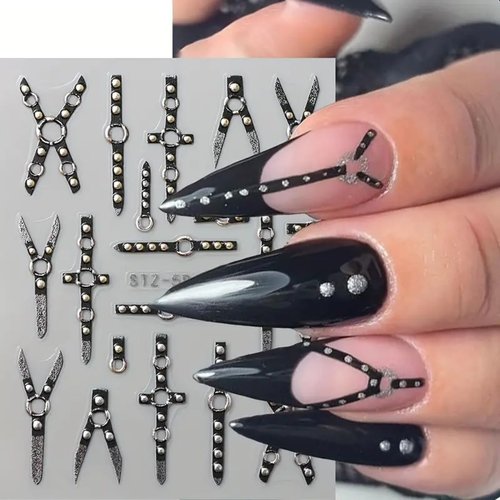 5D Nail Art Stickers 5D Embossed Gothic Punk Nail Decals 2PCS Self-Adhesive Skull Cross X-Shape Halloween Nails Designs Supply Dark Black Irregular Anime Themed Manicure Sliders for Women DIY Nail Art