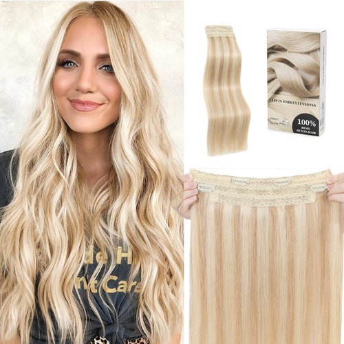 SLEEKALON Invisible Wire Hair Extensions Real Human Hair 20 Inch Ash Blonde Highlighted Bleach Blonde Halo Hair Extensions with Clips Adjustable Fish Line Wire Hair Extensions For Women 110g,#18P613