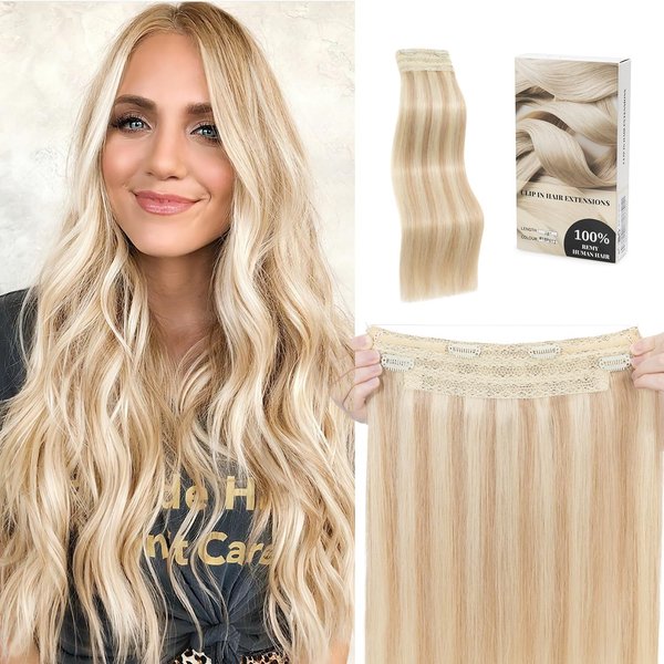 SLEEKALON Invisible Wire Hair Extensions Real Human Hair 20 Inch Ash Blonde Highlighted Bleach Blonde Halo Hair Extensions with Clips Adjustable Fish Line Wire Hair Extensions For Women 110g,#18P613