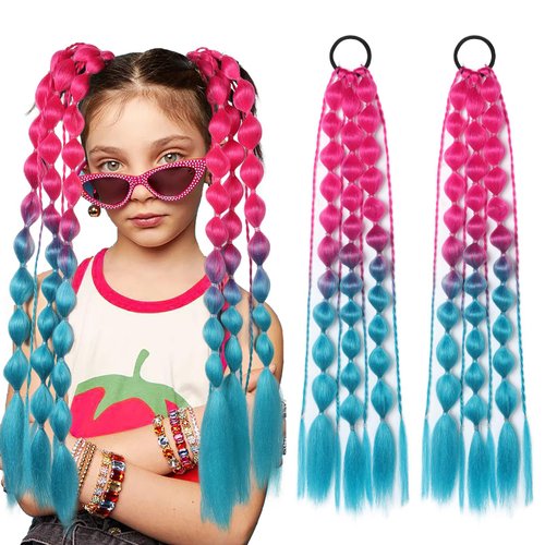 Colored Hair Extensions, Behufun 2Pcs 20" Lightweight Colored Hair Extensions for Kids Bubble Ponytail Extension with Hair Tie, Ombre Crazy Hair Day Accessories for Girls Festival Rave B41