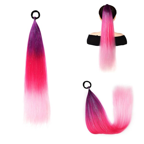 Colored Hair Extensions for Kids Ponytail Extension with Elastic Band Hair Tie, Colorful Tinsel Ponytail Rave Hair Extensions, Rainbow Festival Hair, 2 Packs