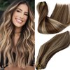 Blonde Highlights Sew in Human Hair Extensions Full Head Weft Extensions 22 Inch 120gram Thick End Sew in Weft Hair Silky Straight Brown with Blonde Highlight Remy Hair Balayage Bundles for Women