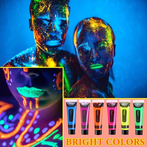 WENJLYJ 6 PCS Glow Body Paint Set,Glow in Dark Face Glitter Paint Body Glow Powder Neon Party Supplies Facial Highlighter Kits for Adults&Kids,Body Makeup