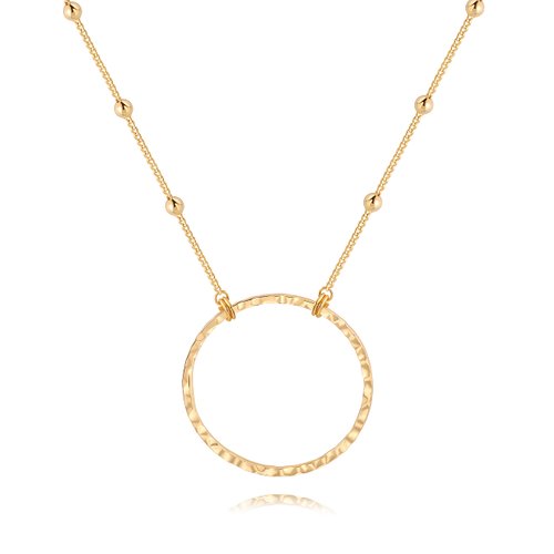 PERNNLA PEARL 18K Gold Circle Pendant Ncklace for Women Dainty Long Satellite Bead Chain Necklaces Statement Hammered Handmade Sweater Chain Y Necklaces 31”