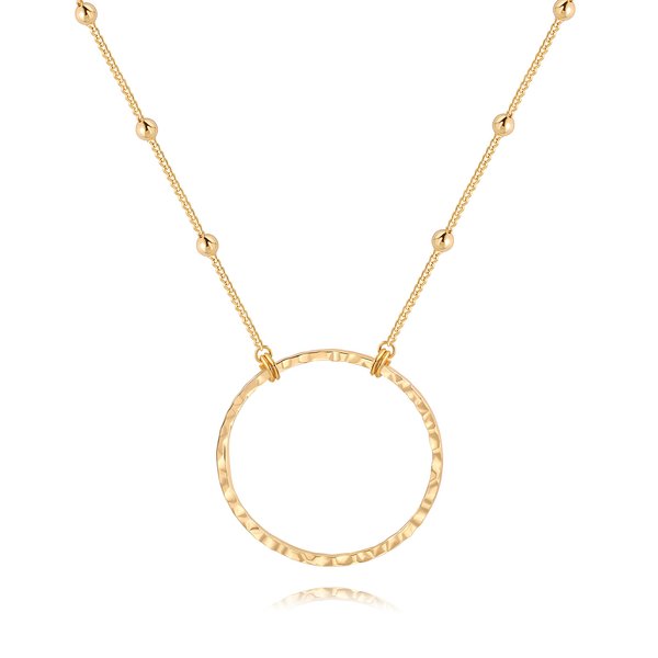 PERNNLA PEARL 18K Gold Circle Pendant Ncklace for Women Dainty Long Satellite Bead Chain Necklaces Statement Hammered Handmade Sweater Chain Y Necklaces 31”