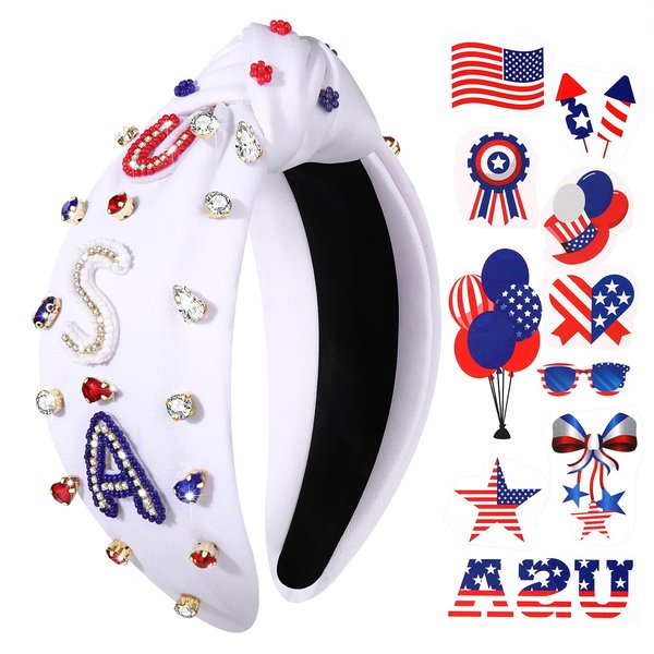 vokone 4th of July Headband Beaded USA Headband Patriotic Red White Blue Crystal Embellished Knotted Headband with Tattoos for Women Girls Independence Day Accessories White USA
