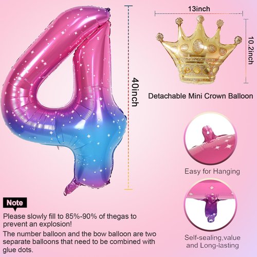 Rainbow Starry Number 4 Balloon,40 Inch Giant Number Balloon & Mini Crown Balloon for Birthday Balloons Party Decorations,Girl 4th Birthday Party Decorations,Foil Mylar Birthday Digital Balloon
