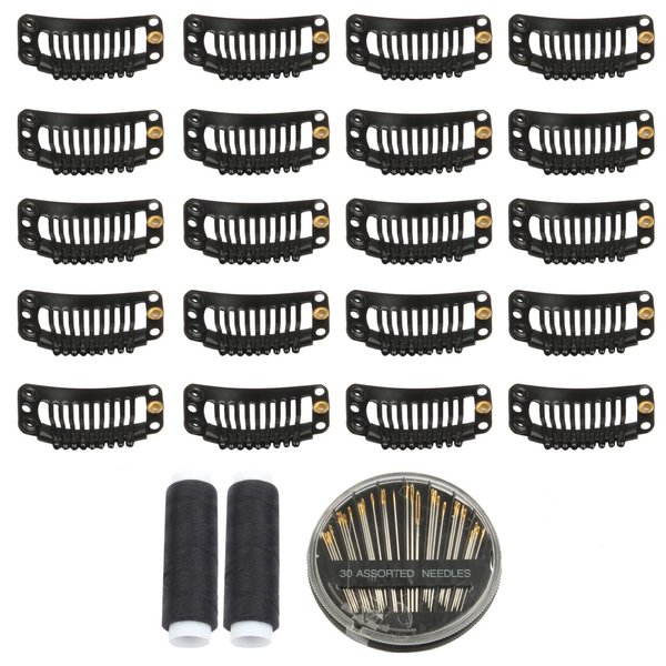 30pcs 9 Teeth Stainless Steel Snap Comb Wig Clips, Hair Extension Clips, Wig Accessories Clip with 30 Assorted Sewing Needles and 2 Rolls Thread (Black)