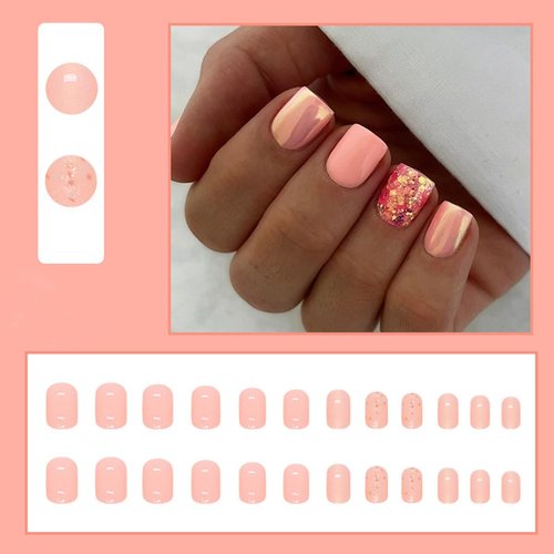 Extra Short Press on Nails Square Orange Glitter Fake Nails Cute Petite Acrylic Nails Decorations French False Nails with Design Artificial Full Cover Glue on Nails for Women Reusable Nails Kit 24Pcs