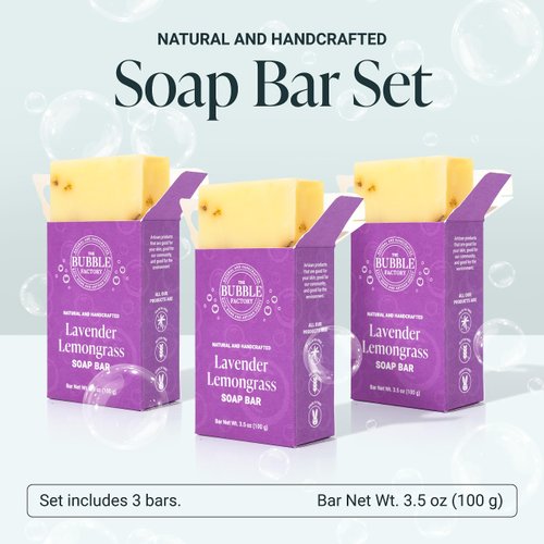 The Bubble Factory Lavender Lemongrass - Handmade in the USA, Palm Oil Free, All Natural Bar Soap, 3 Bars
