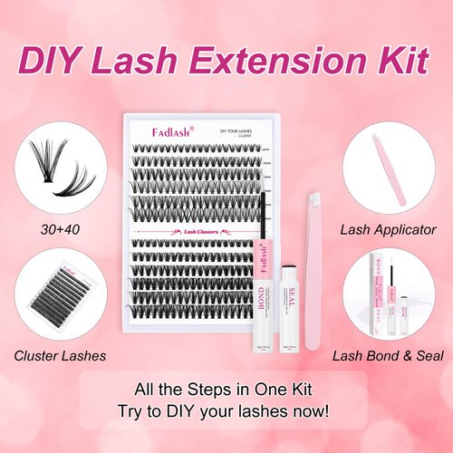FADLASH DIY Eyelash Extension Kit, 240Pcs Lash Clusters with Lash Bond and Seal, Clusters Eyelash Applicator Tool, D Curl DIY Lash Kit (30D+40D Kit)