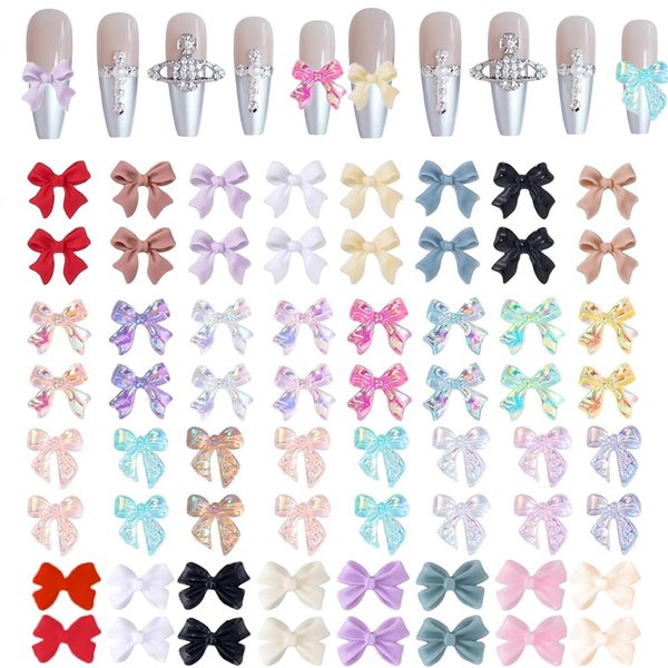COOSLIM 120PCS Bow Nail Charm 3D Bows Nail Charm Colorful Bowknot Nail Charm for Acrylic Nails Pearl Resin Nail Rhinestone Christmas Accessories for Nail Art Crafts 1