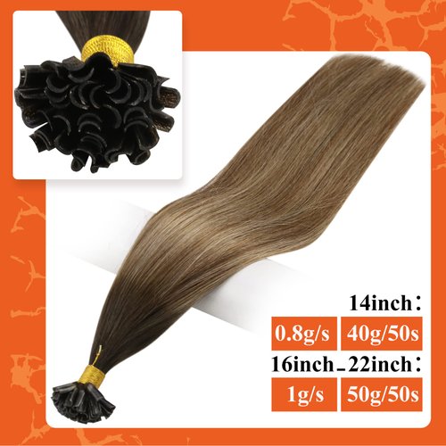 Full Shine U Tip Human Hair Extensions 18inch Keratin Bond Hair Extensions Dark Rooted Hair Extensions Balayage Brown Highlight with Blonde 50g/50s Straight Extensions