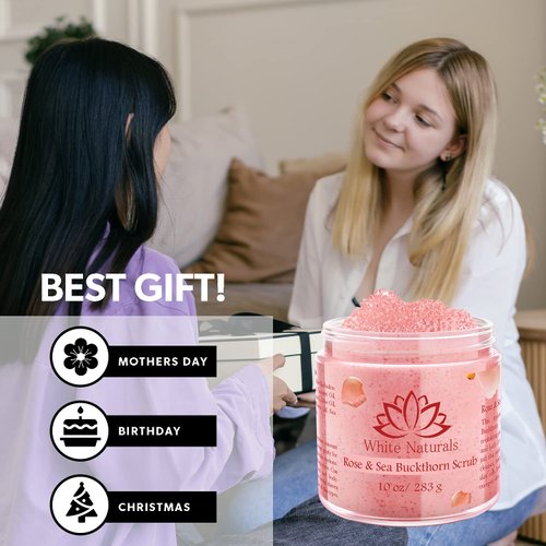 Organic Rose & Sea Buckthorn FACE & BODY SCRUB, Natural & Pure Exfoliating Scrub for Soft & Smooth Skin, Infused With Essential Oils, Moisturizer for Women & Men, Removes Blackheads, Acne & Dead Skin