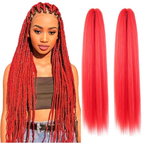 WUDAS Red Braiding Hair 30 Inch Long Pre Stretched Hair Straight Yaki Texture Synthetic Hair Extensions Softness, 2 Packs
