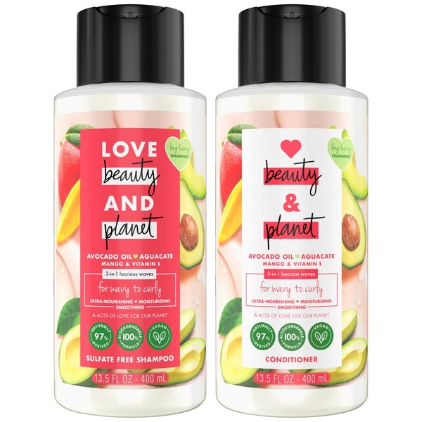 Love Beauty Planet Shampoo and Conditioner, Avocado Oil (Aguacate), Mango & Vitamin E - Sulfate-Free Shampoo & Conditioner, Wavy Hair & Curly Hair Products, Scented 13.5 Oz (2 Piece Set) 