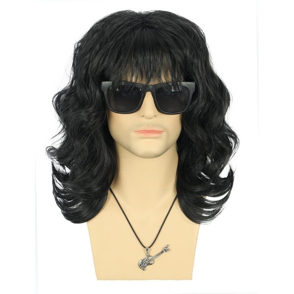 VGbeaty 70s 80s Punk Rocker Party California Wig Men Women Long Wave Black Halloween Costume Cosplay Wig