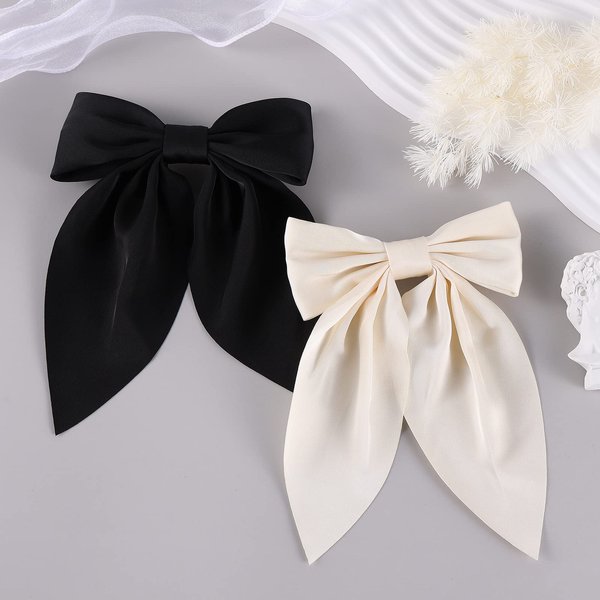 Small Satin Hair Bows for Women Girls, Classy Short Tail Bow Hair Ties, Back to School Outfits, Cute Hair Styling Accessories for Teen Toddler Girl Stuff, Alligator Clips Headdress, Black and Cream