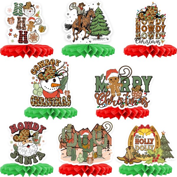 Merry Christmas Honeycomb Centerpiece Decorations, 8pcs Western Cowboy Merry Christmas Honeycomb Centerpieces, 3D Double Sided Printing for Christmas Holiday Christmas Birthday Table Decorations