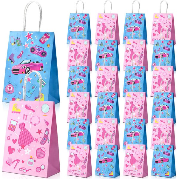 Dansydaisy 24 Pcs Hot Pink Goodie Bags Princess Gift Bags Princess Party Favor Bags Cute Princess Candy Treat Bags with Handles for Princess Theme Birthday Party Favor Supplies Decorations