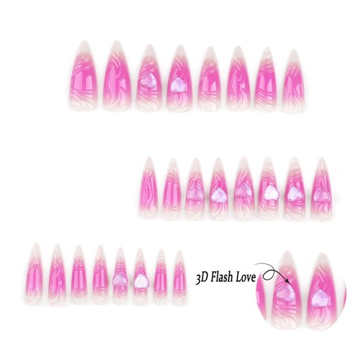 Press on Nails Extra Long Almond Tip Pink 3D Love Heart Design False Nails Artificial Acrylic Nails Pink Smudge Fake Nails 24Pcs Full Cover Reusable Coffin Nails Glue on Nails for Women Kit