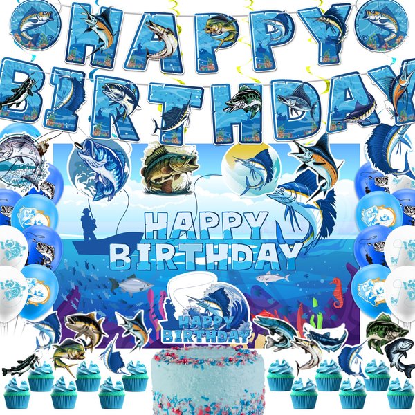 Gone Fishing Birthday Party Decorations Fishing Party Supplies Includes Gone Fishing Birthday Banner Hanging Swirls Background Cake Topper Cupcake Toppers Balloons for Fishing Party Decorations