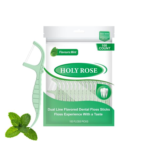 Holy Rose Twin-Line Dental Floss Picks,Mint Flavor,with Tail Toothpick,Double Cleaning Teeth Action Tooth,100 Count Pack,Dual-Line Flossers Sticks is Oral Best for Care Tool.