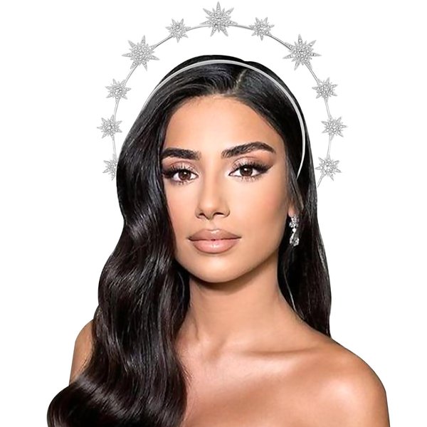 SAWINDA Sparkly Sliver Star Rhinestone Headband Double Layer Alloy Crystal Tiara Headpiece Bling Hair Jewelry for Women Girls Diamond Hair Accessory for Wedding Bride Prom