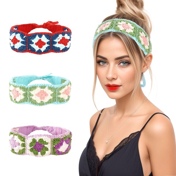 DOCILA 3 Pcs Floral Crochet Headbands For Women Boho Knit Head Bands Tie Back Flower Hair Wrap Bands Retro Hair Accessories Red Blue Purple
