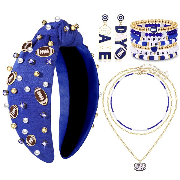 Football Headband for Women Game Day Football Charm Knotted Headband Jeweled Pearls Crystal Sports Top Knot Headband Game Day Outfits Football Hair Accessories Gifts
