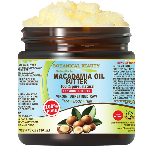Botanical Beauty MACADAMIA OIL BUTTER 100% Pure Natural VIRGIN UNREFINED Cold-Pressed 8 Fl oz 240 ml for Face, Skin, Body, Hair, Lip, Nails. Rich in Vitamin E, Omega 3, Omega 6
