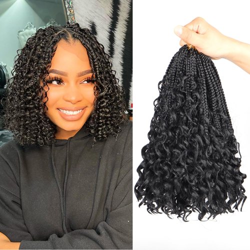 ENZEGONGYI Goddess Bohemian Box Braids Crochet Hair with Curly Ends, boho box braids crochet hair 9 Packs Synthetic Braiding Hair Extensions for Black Women (1B, 12 inch)