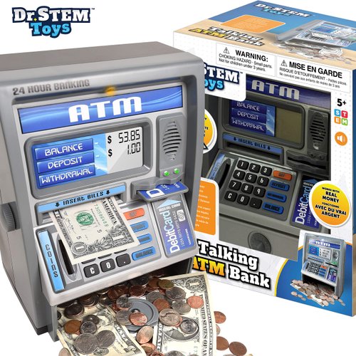 Dr. STEM Toys Kids Talking ATM Machine Savings Piggy Bank with Digital Screen, Electronic Calculator That Counts Real Money, and Safe Box for Kids, Silver