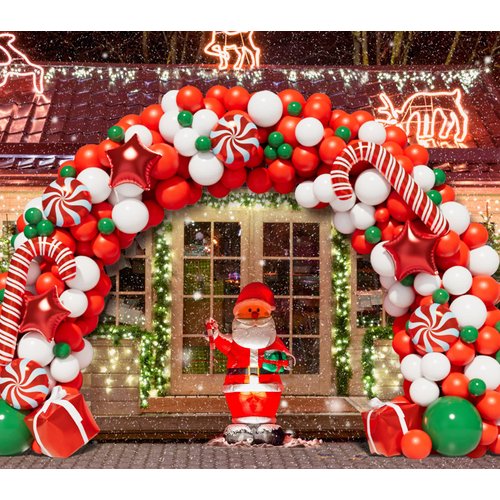 BONROPIN Christmas Balloon Garland Arch kit with Christmas Red White Candy Balloons Gift Box Balloons Red Star Balloons for Xmas Party Decorations