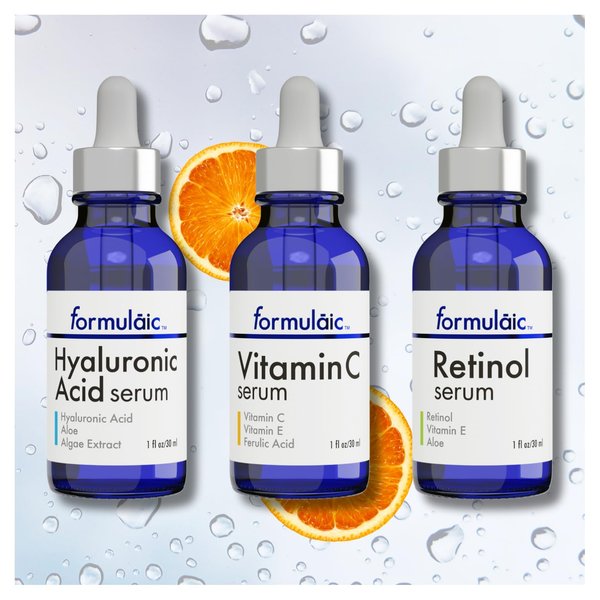 Formulaic™ Set of 3 Face Serums - Vitamin C, Retinol & Hyaluronic Acid Serums, 3 Fl Oz - Elevate Your Skincare