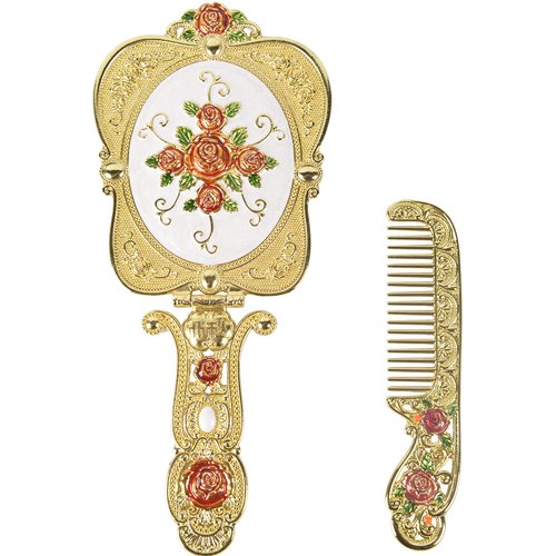Nerien Antique Mirror Comb Set Vintage Metal Handheld Makeup Mirror with a Comb Russian Style Embossed Rose Hand Mirror Travel Portable Foldable Mirror Decorative Tabletop Stand Mirror Gold-1
