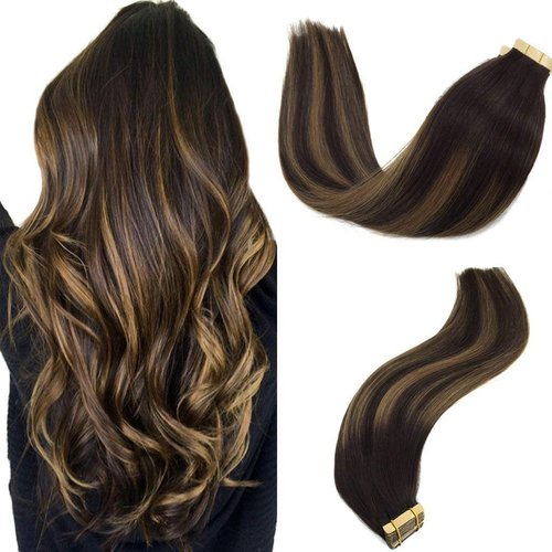 GOO GOO 22inch 50g 20pcs Human Hair Extensions Tape in Dark Brown to Chestnut Brown Remy Natural Hair Extensions Tape in Skin Weft Straight