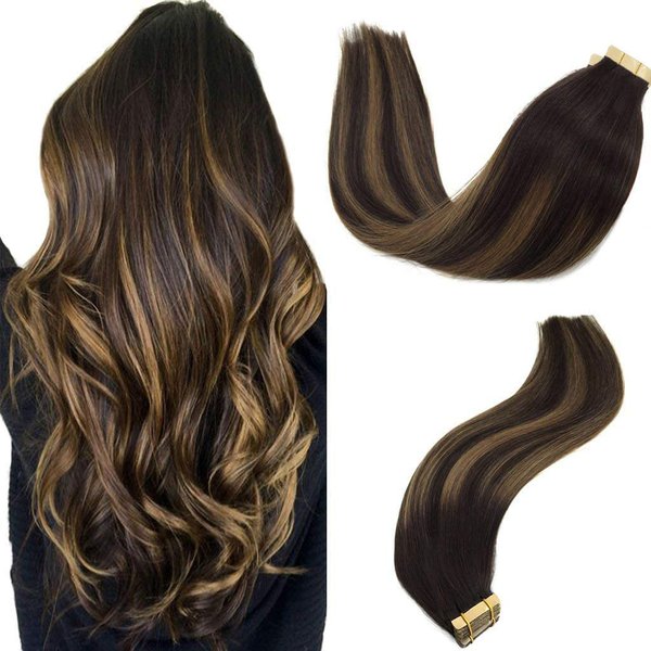 GOO GOO 22inch 50g 20pcs Human Hair Extensions Tape in Dark Brown to Chestnut Brown Remy Natural Hair Extensions Tape in Skin Weft Straight