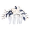 EVER FAITH Wedding Hair Accessories Austrian Crystal Simulated Pearl Floral Leaf Branch Bridal Hair Comb Blue for Bride Silver-Tone