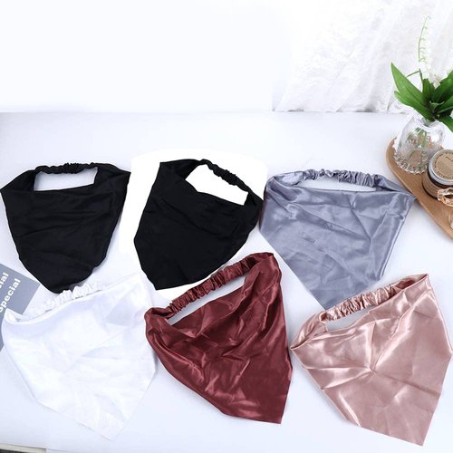 Leadigol 5 Pcs Satin Elastic Hair Scarf Headbands,Triangle Hair Scarf Elastic Headwrap Head Scarf Head Kerchief Headbands Silky Satin Hair Accessories Hair Band Turban