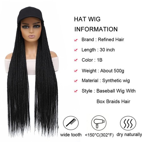 Refined hair Baseball Wig Cap With 3X Box Braids Hair 30 Inch Long Synthetic Box Braiding Hair Extension Adjustable Wig Hat For Women Girls (1B, 30 Inch)