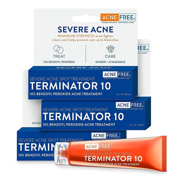 AcneFree Terminator 10 Acne Spot Treatment With Benzoyl Peroxide 10% Maximum Strength Acne Cream Treatment, 1 Ounce, Pack of 3