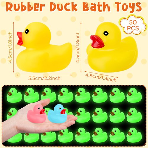 Chitidr Glow in The Dark Rubber Ducks 2.2'' Luminous Mini Rubber Duck Fluorescent Tiny Ducks Light up Floating Squeaky Bathtub Toys for Baby Showers Summer Beach Pool Party Games(50 Pcs, Colorful)