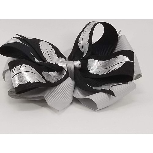 Black & Grey with Silver Feathers Hair Bow