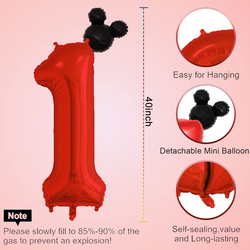 40 inch Red Number 1 Balloon & Mini Mouse Head Balloon, 1st Birthday Party Decoration Balloons, Cartoon Mouse Birthday Party Supplies Baby Shower Decoration, Red Black Theme Party Decorations Supplies