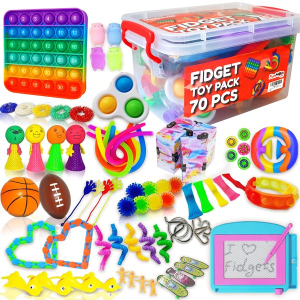 FunMom-Amz Fidget Toys 70 Pcs Sensory Toys | Treasure Box Easter Party Stuffers for Classroom | Pops & Fidgets Toys for Anxiety & Stress Release | Party Favours & Prize Box Toys for Kids