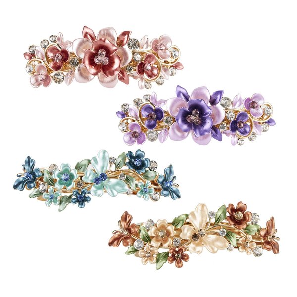 Lawie 4 Pack Fancy Delicate Floral Butterfly Leaf Jeweled Gems Rhinestone Glitter Sparkly Metal Hair Clips Snap Barrettes Grip Hairpins Clamp Thick Hair Ponytail Holder Bun Accessories for Women