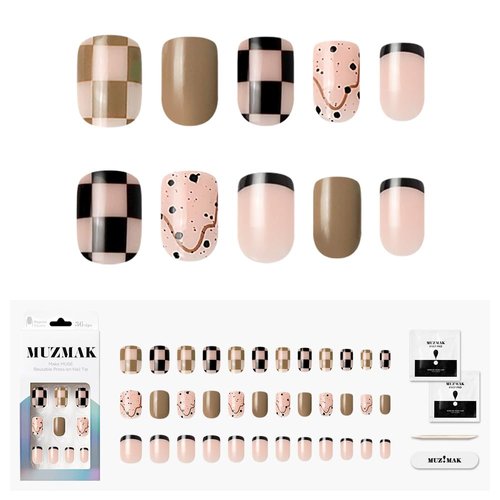 MUZMAK Reusable Press on Nails Long Medium Short Coffin Almond 36Pcs Red Fake Nails Kit Full Cover Pink French Black Kids nail Green (Egg Milktea(Regular Square))